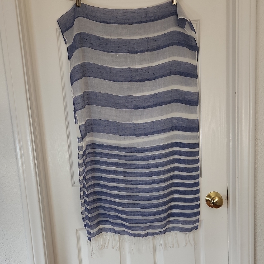 Blue and White Striped Scarf with Fringe, Bohemian, Costal, Casual, Chic